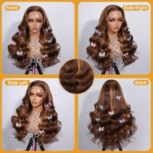 4/27 Highlight HD Lace Front Wigs Human Hair Pre Plucked 13x4 Body Wave Frontal Wig with Baby Hair 180% Density Ombre Brown and Honey Blonde Human Hair Wigs for Black Women 20 Inch