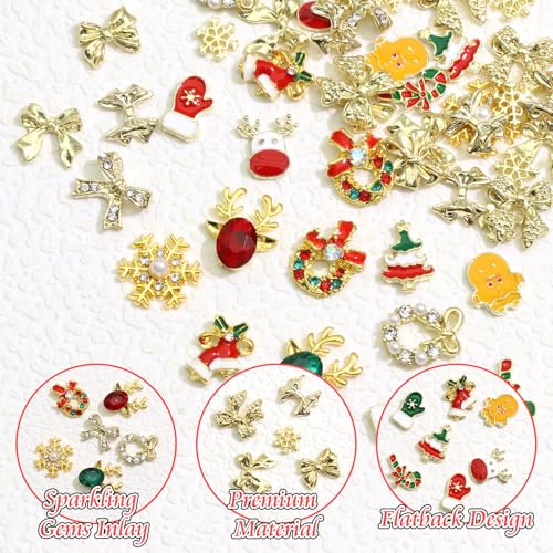 BELICEY 52Pcs Christmas Nail Charms - Gold 3D Bow Snowflake Elk Charms with Gems Rhinestones Accessories Metal Nail Art Supplies Winter Holiday Decorations