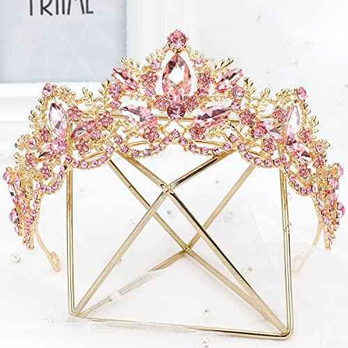Pink Tiara for Women Gold Crown for Girls Wedding Princess Birthday Crystal Rhinestones Headbands for Prom Bridal Party Halloween Costume Christmas Gift