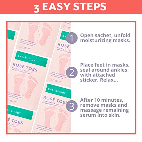 Patchology Ros? Toes Moisturizing Foot Mask ? Shea Butter & Strawberry Scented Booties for Dry, Cracked Feet, Disposable Spa Socks with Resveratrol for Soothing Foot Care, Self-Care Essentials