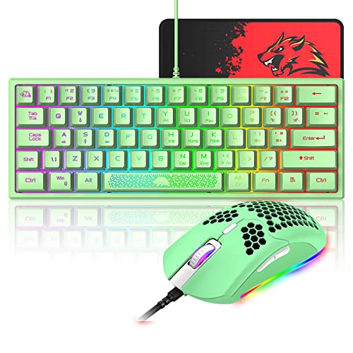 60% Gaming Keyboard and Mouse Combo Samll Mini RGB Backlight Mechanical Feeling and Mechanical RGB 6400 DPI Honeycomb Optical Mouse,Gaming Mouse pad for Gamers and Typists (Green)