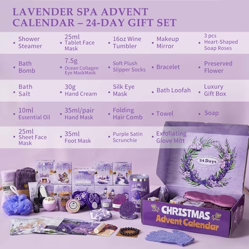 Advent Calendar 2025 Adult Women -24 Days of Christmas Advent Calendar for Mom, Wife, Girlfriend, Sister, Her - Lavender Spa Gifts Basket Set Includes Coffee Mugs, Scented Candle, Bath Salt, Soap