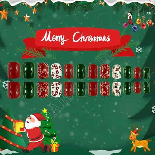 24Pcs Christmas Press on Nails Short Square - Red&Green Fake Nails White False Nails Press Ons Nail Art Tips With Christmas Cane Fruit Candy Design Winter Acrylic Nail Kit for Women Xmas Decor