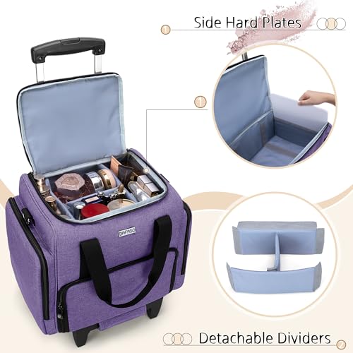 BAFASO Rolling Makeup Case with 3 Removable Pouches and 1 Makeup Brush Bag, Professional Makeup Train Case Cosmetic Bag with Detachable Dolly (Patented), Purple