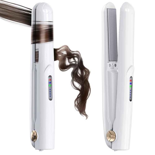 Cordless Hair Straightener and Curler 2 in 1 Ceramic Flat Iron Mini Cordless Portable Travel Hot Tools Straight Curl for Women Men USB Rechargeable with Pouch (White)