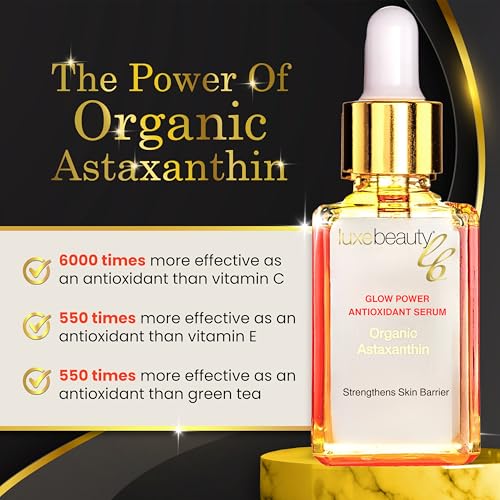 Luxe Beauty Organic Astaxanthin Serum - Concentrated Antioxidants - Also with Organic Rosehip Oil, Clove Oil, Raspberry Seed Oil, and More - Face Serum to Help Prevent Premature Skin Aging