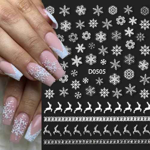 Snowflake Nail Art Stickers - 8 Sheets Christmas & Winter Designs with Silver Glitter Elk Bells