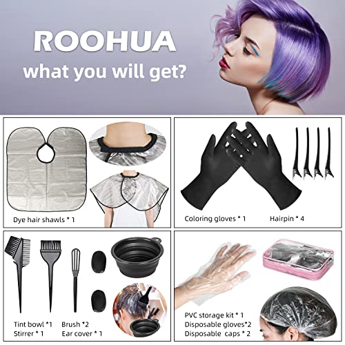 ROOHUA 16 Pieces Hair Dye Coloring Kit- Hair Tinting Bowl, Hair agitator, Dye Brush, Ear Cover, Hairpin, Hair Coloring Cape For Hair Dye Tools
