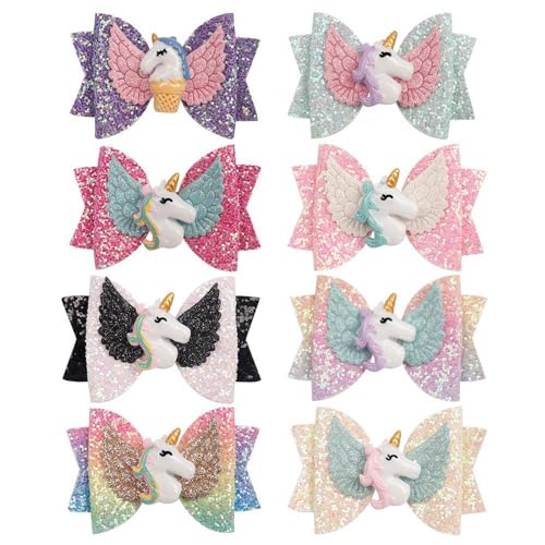 8pcs Unicorn Hair Bows, 3 Inch Glitter Grosgrain Ribbon Bows with Alligator Clips for Toddlers