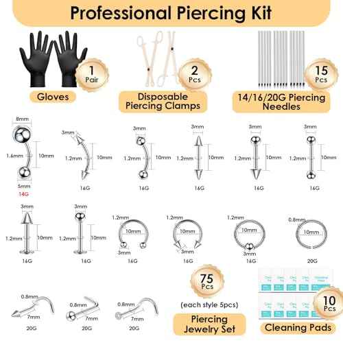 104PCS Body Septum Piercing Kit with 14G/16G/20G Piercing Needles Piercing Jewelry and Tool Set for Ear Nose Belly Button Nipple Lip Cartilage Eyebrow Tongue Navel Piercing Kit for All Piercings