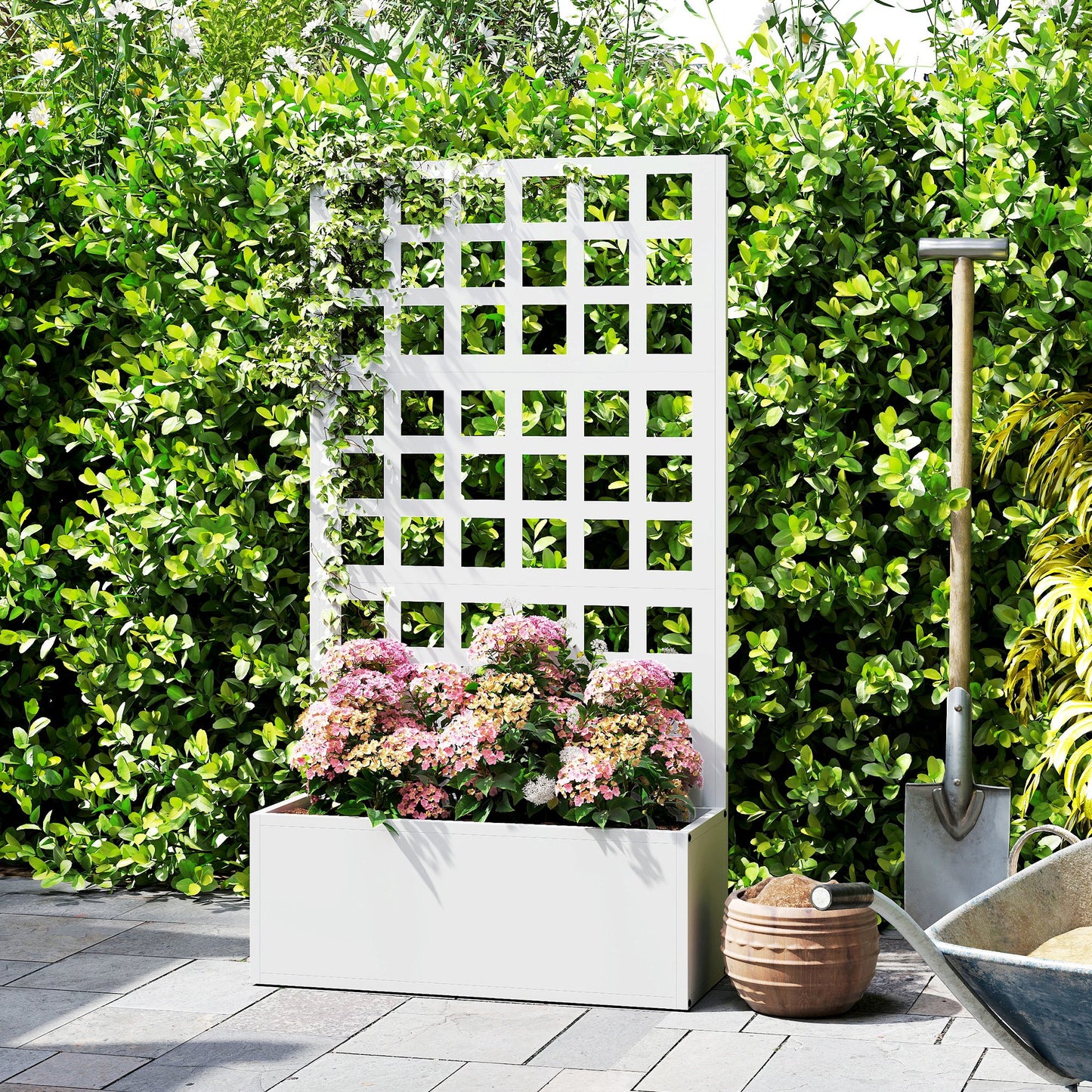 Galvanized Steel Raised Garden Bed with Trellis 24x9x44.5 Inches - White