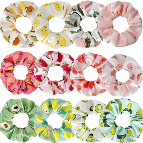 Flower Fruits Scrunchies for Hair Yellow Elastic Hair Bands Ties, Glittery Daisy Flowers Pear Cherry Strawberry Hair Ties Ponytail Holders for Women Girls (12 Pcs Fruit B)