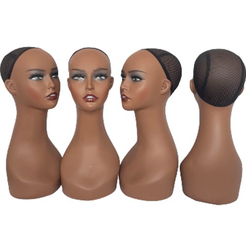 Voloria 4PCS Wholesale Realistic Female Mannequin Head Long Neck Manikin PVC Head Bust Wig Model Head Stand with Makeup Wigs,Hats,Sunglasses,Necklace,Jewelry (Dark), Brown (voloriamannequin4pieces)