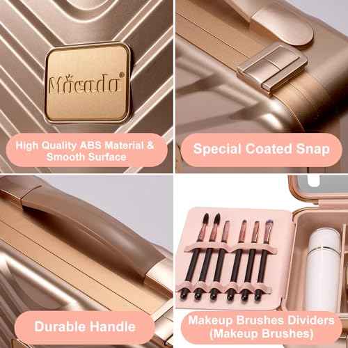 Mocado Travel Makeup Case with Lighted Mirror, Makeup Box with 8 Makeup Brushes and 10x Magnifying Mirror, Adjustable Brightness Makeup Train Case with Makeup Brushes Divider(Rose Gold)