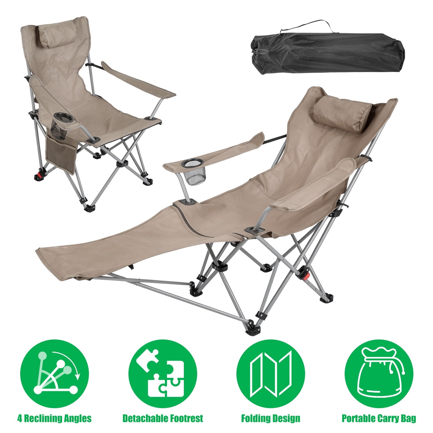 Adjustable Reclining Camping Chair with Footrest & Cup Holder