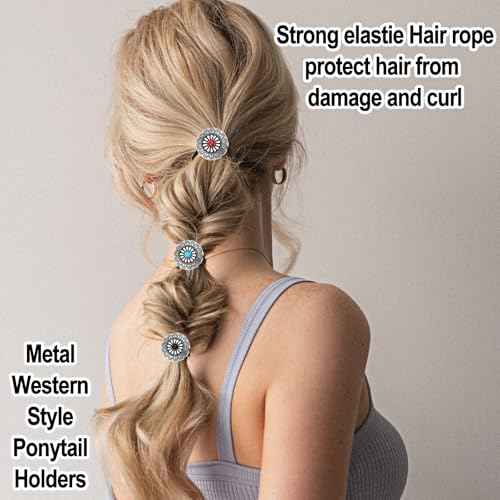 3PCS Western Style Ponytail Holders, Metal Hair Ties Bracelet, Boho Hair Clips Vintage Turquoise Concho Squash Blossom Hair Bands Elastic Hair Cuffs Hair Accessories for Women Girls