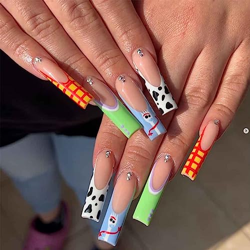 Long Press on Nails Pink Square French Fake Nails Summer Nails Purple Full Cover Bling Acrylic False Rhinestone Nails 3D Flower Design Square Nails for Women and Girls 24PCS (Square Nails 5)