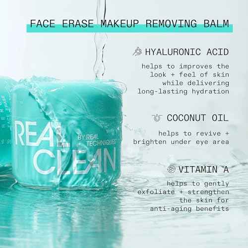 Real Techniques Real Clean Face Erase Makeup Removing Balm, Hydrating Makeup Cleansing Balm, Remove Stubborn Makeup, Hyaluronic Acid Moisturizes & Vitamin A Helps Exfoliate, 2 fl. oz Jar
