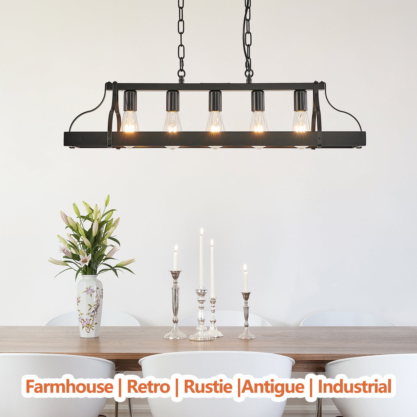 34-Inch Black Industrial Pendant Light with 5 E26 Sockets - Adjustable Height Chandelier