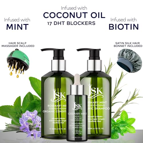 JSK Hair Growth Shampoo & Conditioner Set Biotin & Rosemary for Thinning Hair, DHT Blockers, Hair Care Kit for Men & Women, Includes Scalp Massager & Bonnet, Sulphate-Free Thickening & Moisturizing