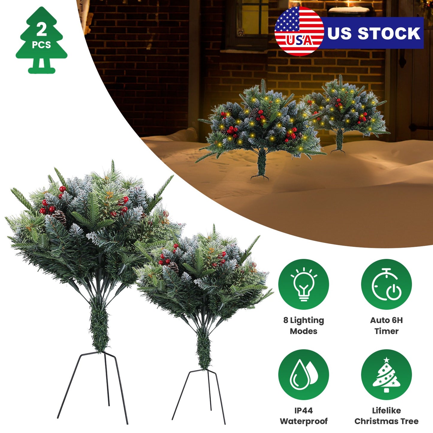 Lighted Artificial Christmas Tree Urn Filler - 2 Pcs with LED Lights