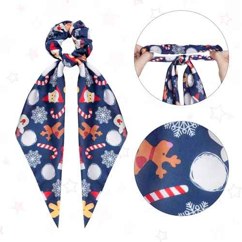 5Pcs Christmas Pattern Hair Scarf Scrunchies Elastic Hair Ribbon Ties for Woman Girls Holiday Hair Scarves Ponytail Holders Accessories