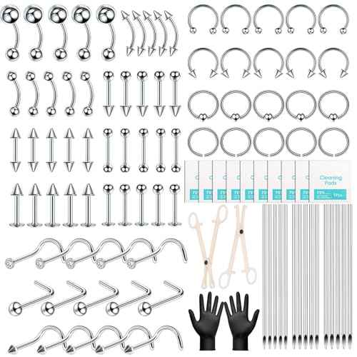 104PCS Body Septum Piercing Kit with 14G/16G/20G Piercing Needles Piercing Jewelry and Tool Set for Ear Nose Belly Button Nipple Lip Cartilage Eyebrow Tongue Navel Piercing Kit for All Piercings