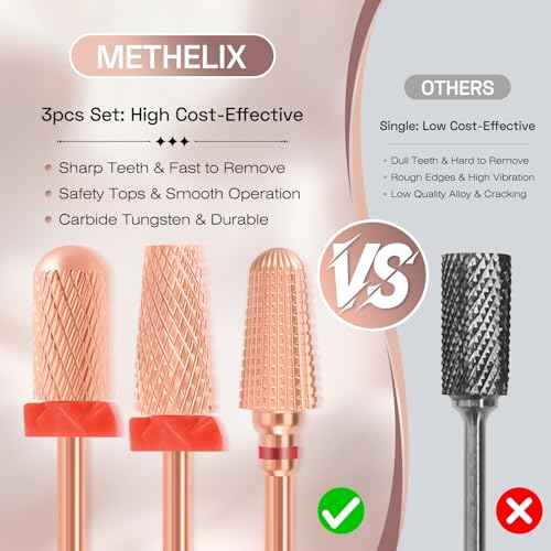 3pcs Nail Drill Bits Set, 3/32'' Carbide Tungsten Nail Bits, Professional 5 in 1 Bit, Smooth Round Top Large Barrel Safety and Tornado Bits,Fast Remove for Manicure Cuticle Acrylic Gel Polish