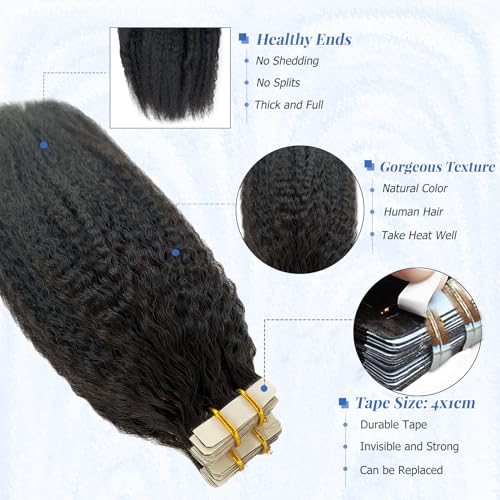Black Tape in Extensions Real Human Hair 24 Inch Kinky Straight Tape in Hair Extensions Human Hair Black Women 40PCS 100G Invisible Natural Black Kinky Straight Human Hair Tape ins