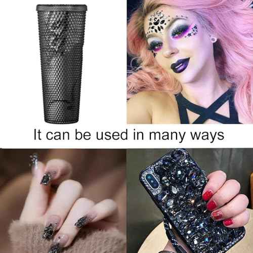 3 Boxes Black Nail Rhinestones with Fine Glitters Kit, 60Pcs Big Assorted Black Nail Gems with S6-S16 Flatback Round Stones,Crystals Nail Gem Stones for DIY Faces Body Crafts