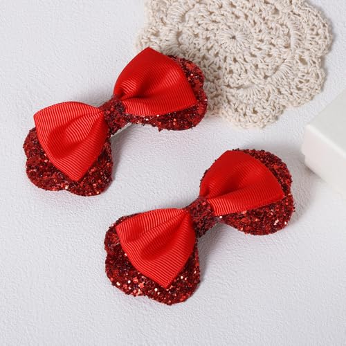 3.5" Glitter Red Ribbon Hair Bow Clips Sparkly Sequins Alligator Barrettes Hairpin Toddler Teen Girls Birthday Wedding Xmas july 4th Dress Outfit Decor Accessory Gift Set of 2