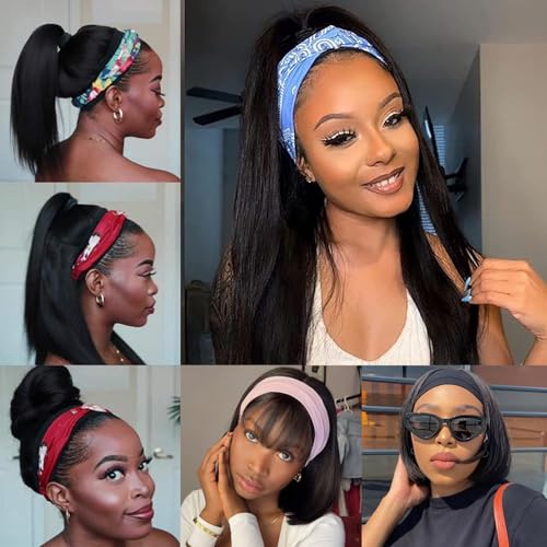 12 Inch Short Straight Headband Bob Wigs Glueless Headband Wig Human Hair Short Straight half wigs for Black Women 180% Density No Lace Headband Wig Natural Color Easy Put On