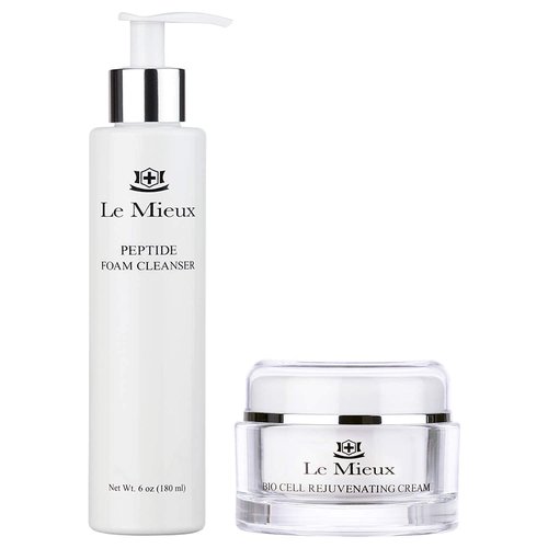 Le Mieux Luxe Facial Skincare Set - Peptide Foam Cleanser + Bio Cell Rejuvenating Cream - 2-Step Cleansing + Moisturizing Set for Face + Neck (2-Piece Set)