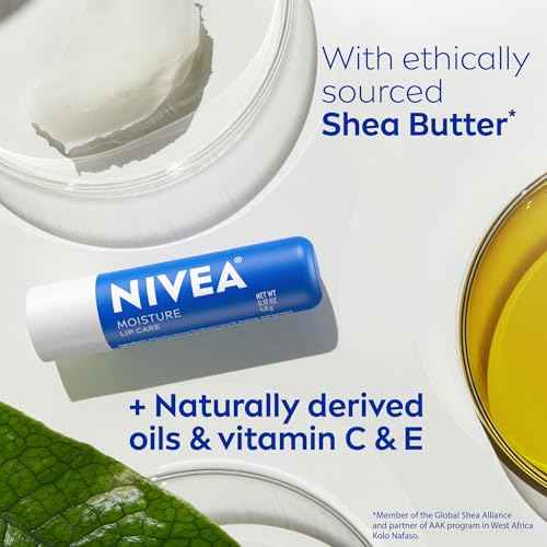 NIVEA Moisture Lip Care, Hydrating Lip Balm with Shea Butter, Nourishing Oils and Vitamin C & E, 3-in-1 Moisture, Repair and Nourish, 0.17 Oz Stick, Pack of 4