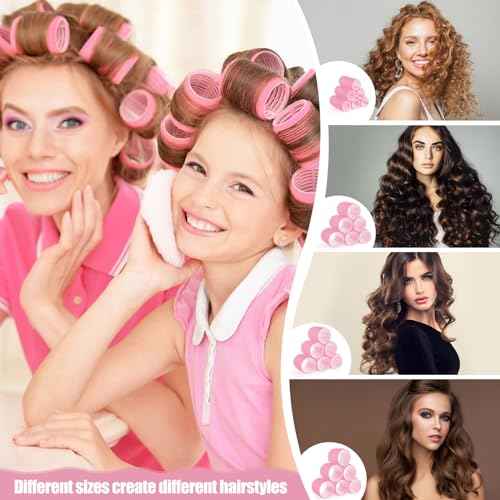 4 Sizes Self-Grip Hair Rollers Set for Long, Short Hair and Bangs - 50 Pcs with Clips (25mm, 36mm, 48mm, 60mm), Pink