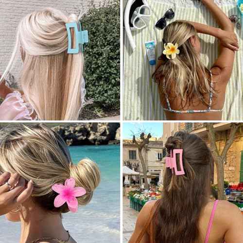 Flower Hair Clips for Women Square Claw Clips for Girls 2 Styles Hair Claw Clips for Thick or Thin Hair 6 PCS Hawaiian Hibiscus Rectangle Large Plumeria Medium Hair Accessories for Women (Pink)