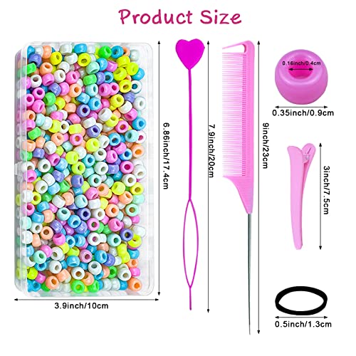 1008 Pcs Hair Beads Set with Hair Styling Tool, 500Pcs Pony Beads, 500Pcs Small Elastic Rubber Bands, 1Pcs Rattail Comb, 2Pcs Duckbill Clips, 5Pcs Quick Beaders for Kids and Girls Hair Braids