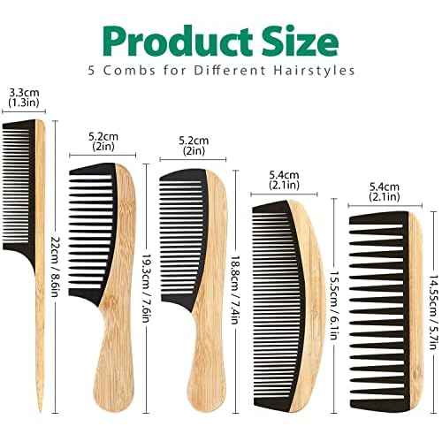 5 Pcs Handmade Bamboo Anti-Static Comb Set for Women and Men - Wide Tooth, Rat Tail, and Fine Tooth Combs for Long, Short, Thick, Thin, Wavy, and Curly Hair Detangling (Natural + Black)