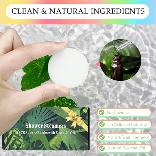 16 Pack Shower Steamers Aromatherapy - Natural Essential Oil Shower Bombs for Relaxation, Stress Relief & Self Care, Gift for Women & Men (8 Scents, 2 Each)