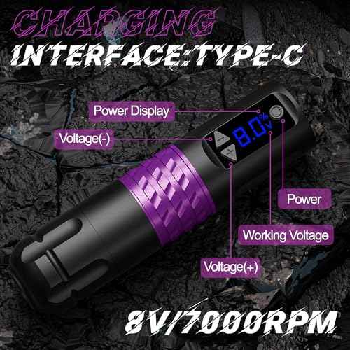 Professional Tattoo Gun Set Wireless Tattoo Machine Pen Set 1500mAh Battery Disposable Tattoo Needles 10 Purple Suitable for Beginners and Artists Portable LED Digital Display (BLACK)