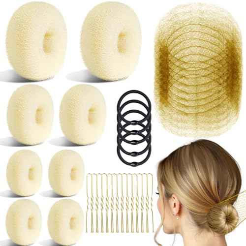 TsMADDTs Blonde Hair Bun Set, 8 Donut Bun with 2 Large, 2 Middle, 4 Small, 10 Hair Nets for Women, 40 U Shaped Pins, 5 Elastic Bands for Short and Thin Hair