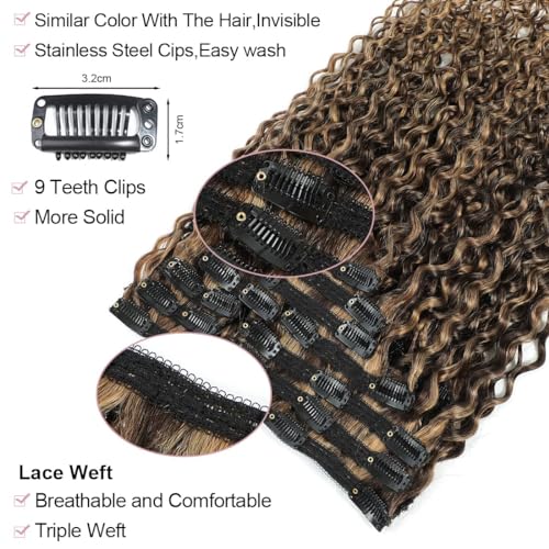 Urbeauty Curly Clip in Extensions Remy Human Hair Brown Highlight Blonde Natural Wavy Hair Extensions 20 Inch 120g Triple Weft Clip in Hair Extensions Full Head Kinky Curly Human Hair 4/27 Color