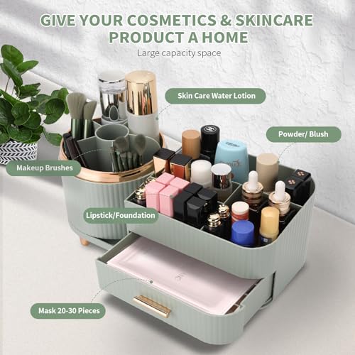 Makeup Organizer for Vanity, Cosmetic Display Case with Drawers, Fits Makeup, Skincare Products, Brushes, Lipsticks, and Other Accessories, Versatile Storage Solution (Green)