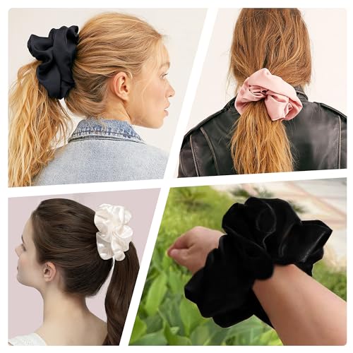 16 Pcs Scrunchies for Women - Black Satin Silk Scrunchies for Girls Hair Ties Elastics Bands Ponytail Holder Hair Accessories