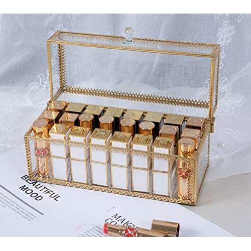 FSyueyun Glass Lipstick Organizer Holder with 24 Slot, Dust Free Vanity Lip Gloss Lipstick Eye Liner Makeup Display Cases Decoration for Dresser Countertop