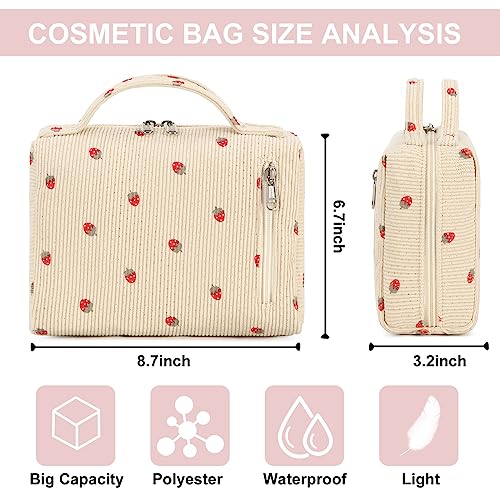 Bluboon Makeup Bag Zipper Pouch Travel Toiletry Bag Portable Cosmetic Bag Organizer for Women and Girls(Strawberry Corduroy Beige)