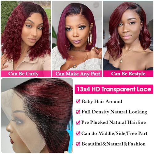 1B Burgundy Bob Wig Human Hair, 13x4 Frontal Lace Wig Short Straight Bob Wigs for Women Human Hair Pre Plucked Natural Hairline Ombre Burgundy Wig 14inch