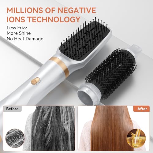 5 in 1 Blow Dryer Brush,110-120V Hair Dryer Brush, Fast Drying & 3 Adjustable Temperatures Hot-Air Hair Brushes, Detachable Hot Air Styler Set for Curling/Volumizing/Straightening/Styling (White Gold)