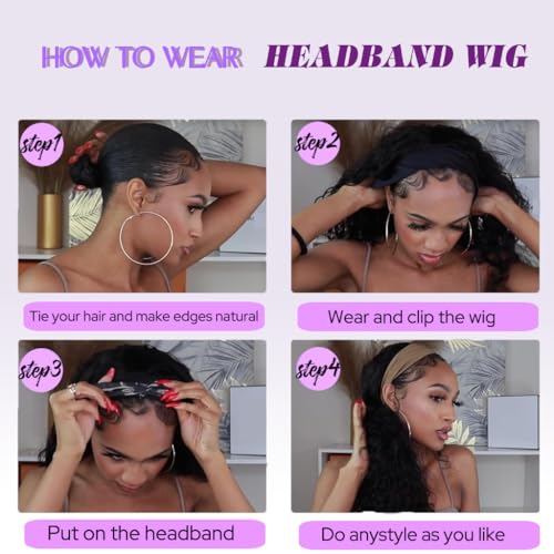 Headband Wig Human Hair Body Wave Headband Wigs for Black Women human hair 1b/30 color Wear and Go Glueless Wig 100% Brazilian Virgin Human Hair Headband wig 150% Density(20inch)