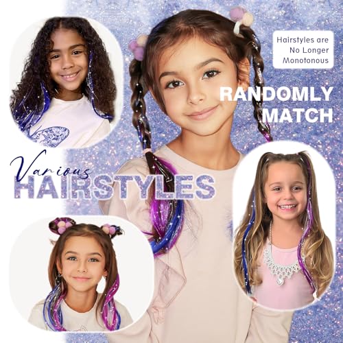 Fairy Hair Tinsel Kit for Girls, Color Tinsel Hair Extensions for kids, Blue and Purple Glitter Hairpiece Clip in, Halloween Hair Accessories, 16 Pieces